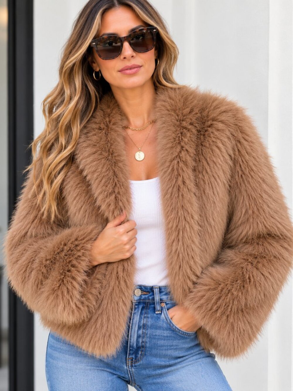 Olivaceous Brown Faux Fur Crop Jacket Size S